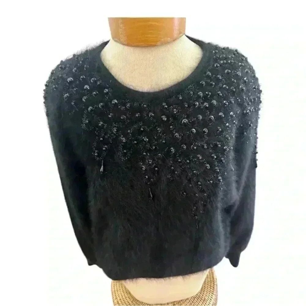 Real ANGORA FUR black-pullover swearer,hand beaded.In beautiful condition.